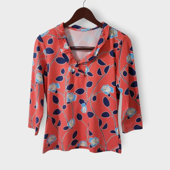 J. Mclaughlin Durham Ruffle Top Catalina Cloth Coral Pink Blue Floral Sz Medium - Picture 1 of 11